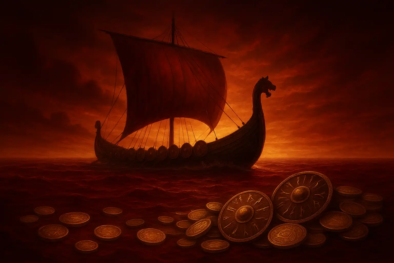 Norsewin Casino hero banner with Norse longship and gold coins over a burgundy background