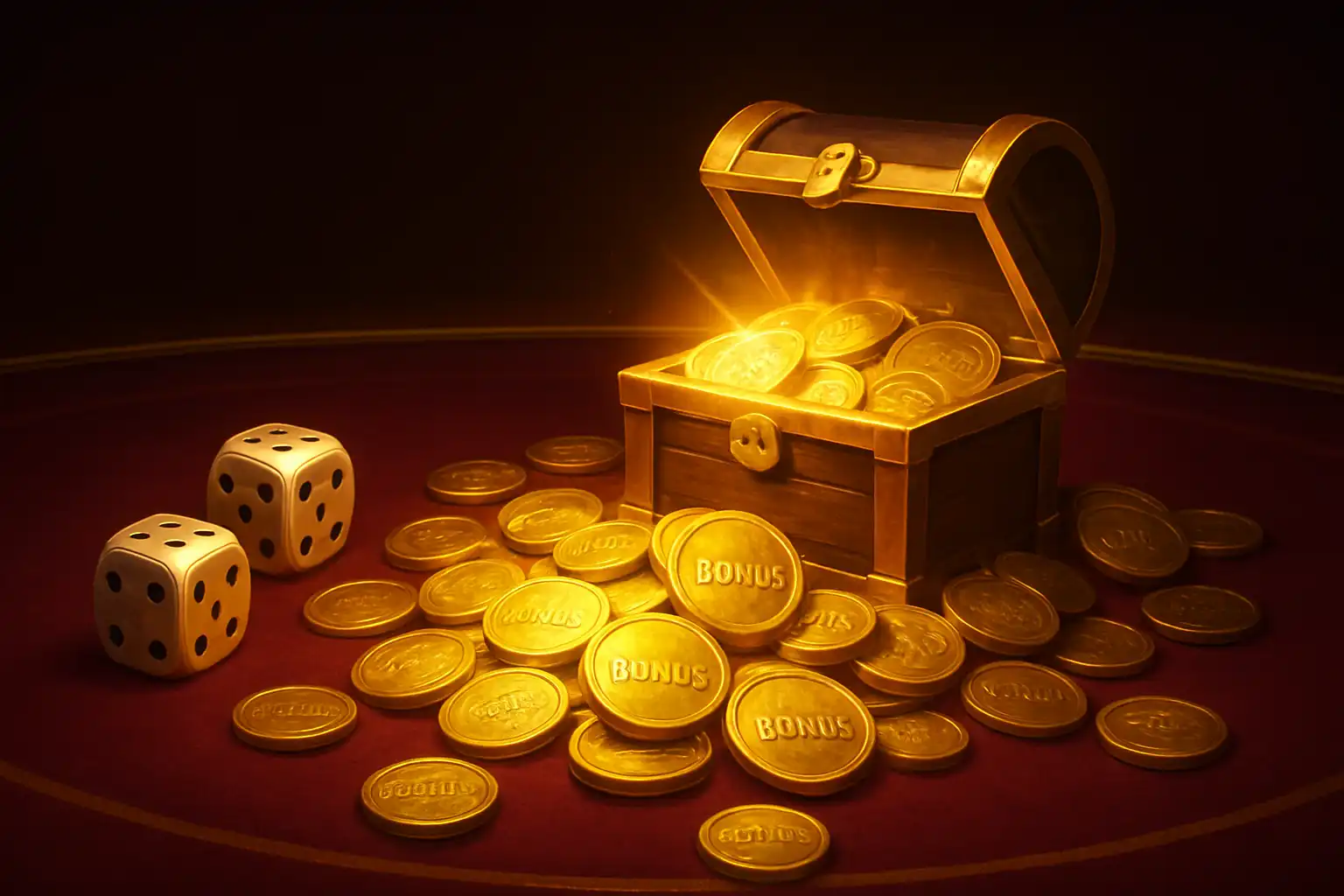 Gold bonus coins and dice on a burgundy felt table